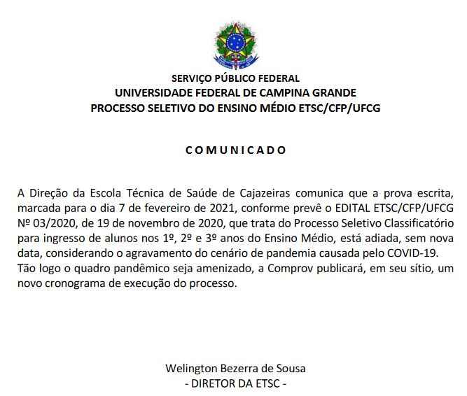 COMUNICADO Adiamento do Processo Seletivo